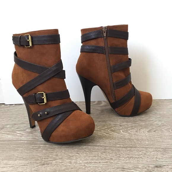 Brown Black Multi Strap Buckle Heel Booties - Picture 3 of 8